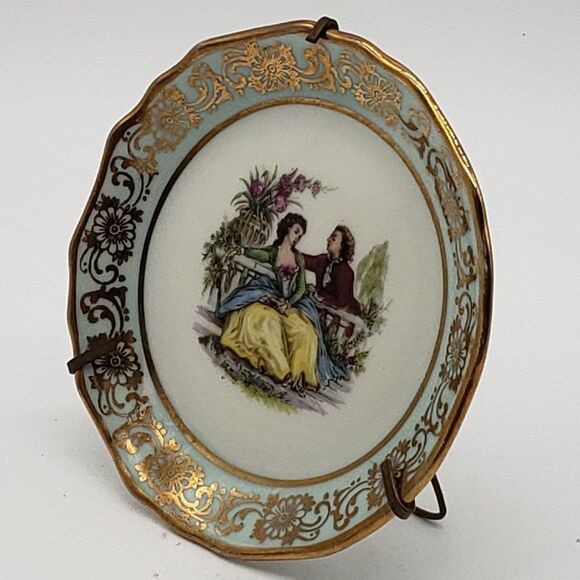 Limoges France Porcelain Baby Blue Gold Floral Gilt Romantic Couple Mini Plate - Picture 6 of 7